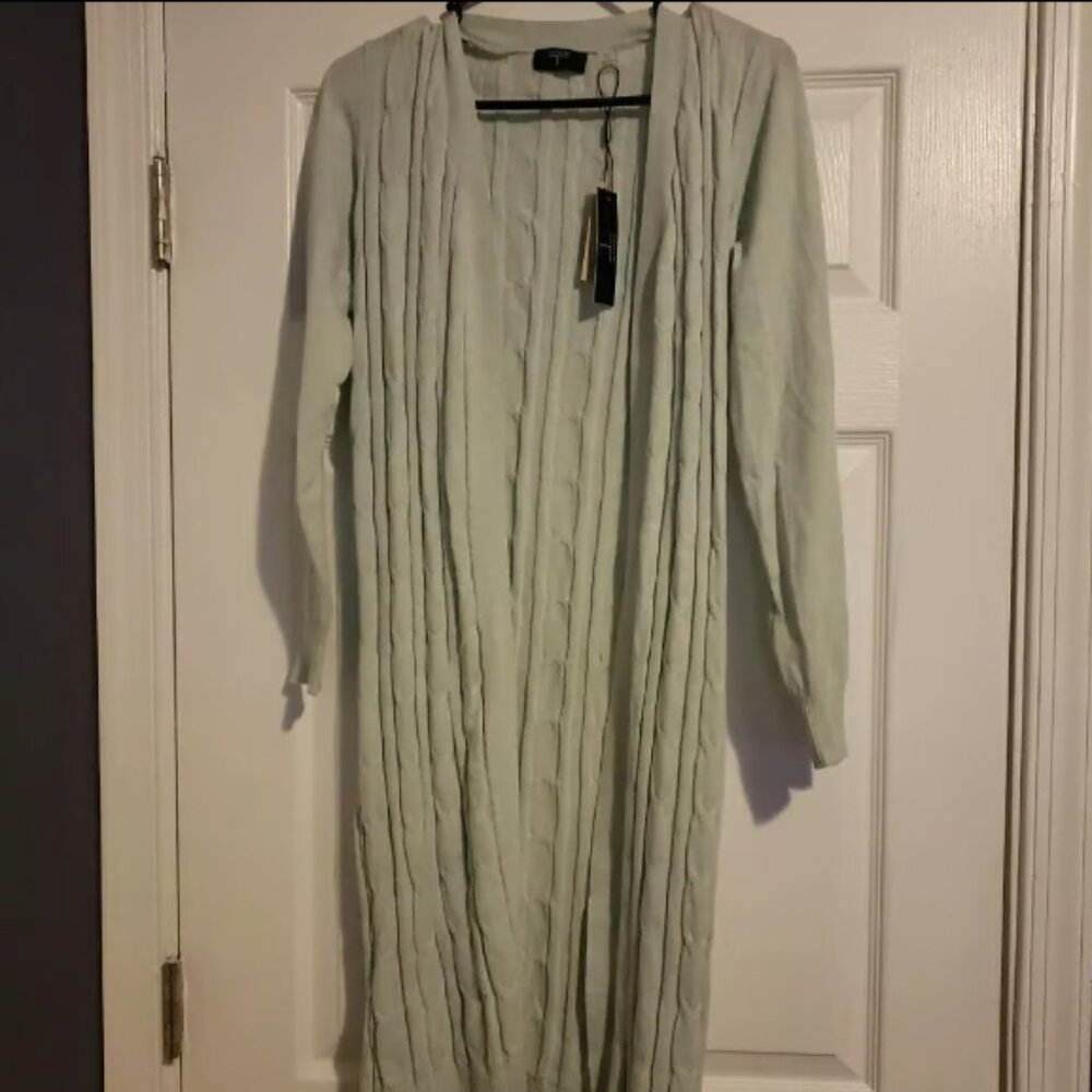 T Tahari Women's Open Front Long Sleeve Viscose Cardigan Large Pale Mint NWT $88